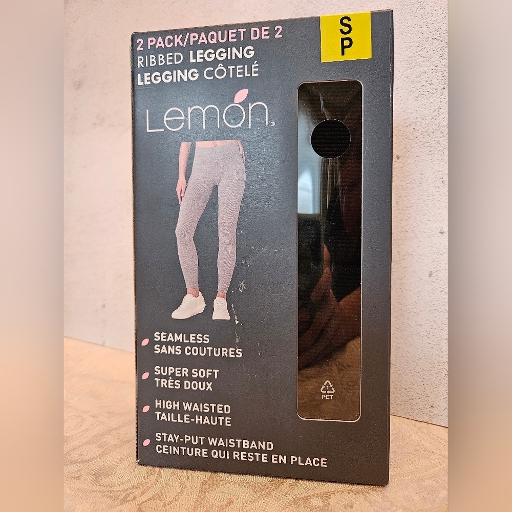 New in Box Lemon Women's Ribbed Leggings, 2-pack, Black, Size Small, High Waist